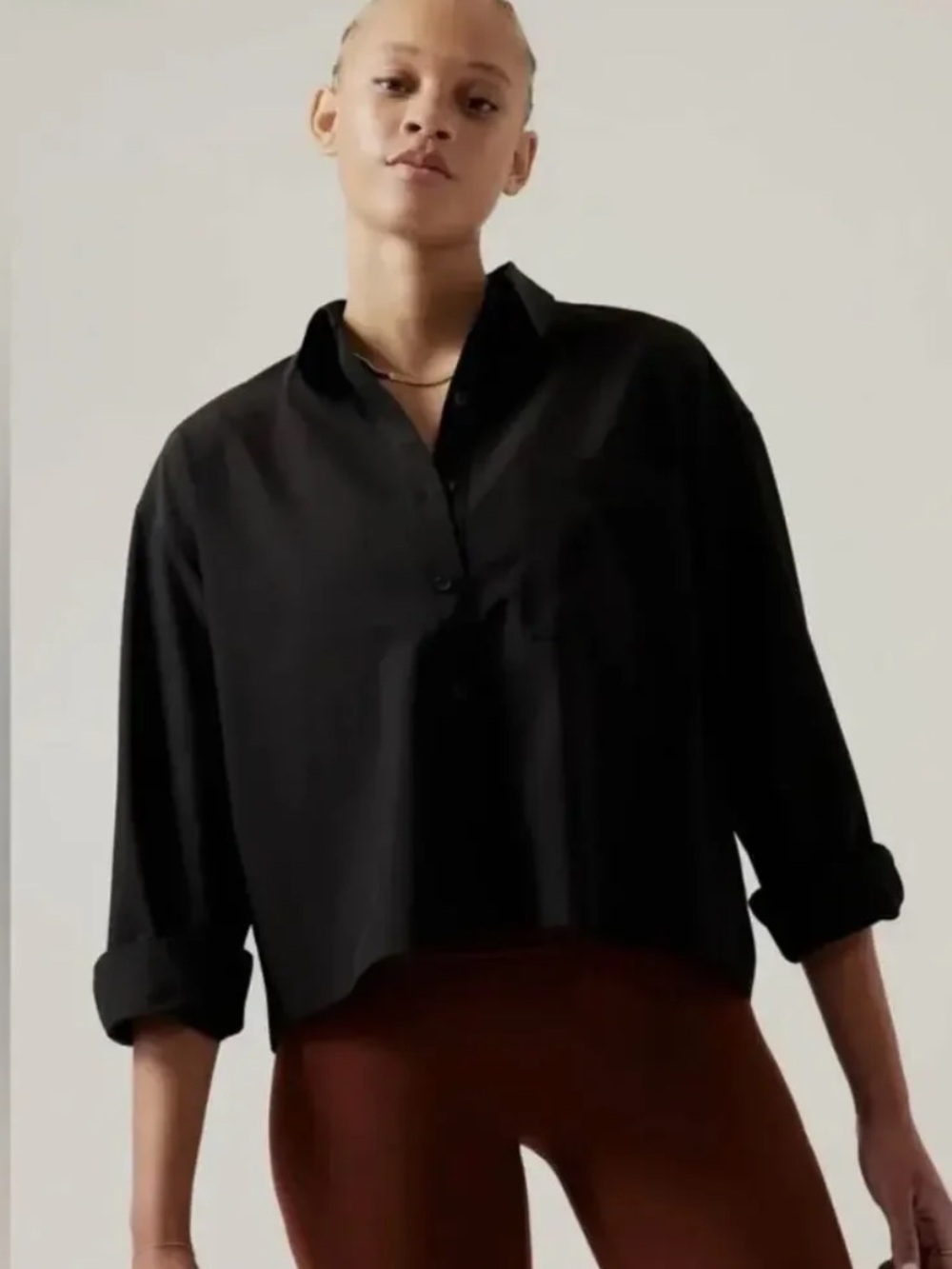 Athleta Cropped Stretch Tech Top Long Sleeve Button Down Shirt XL Black Office